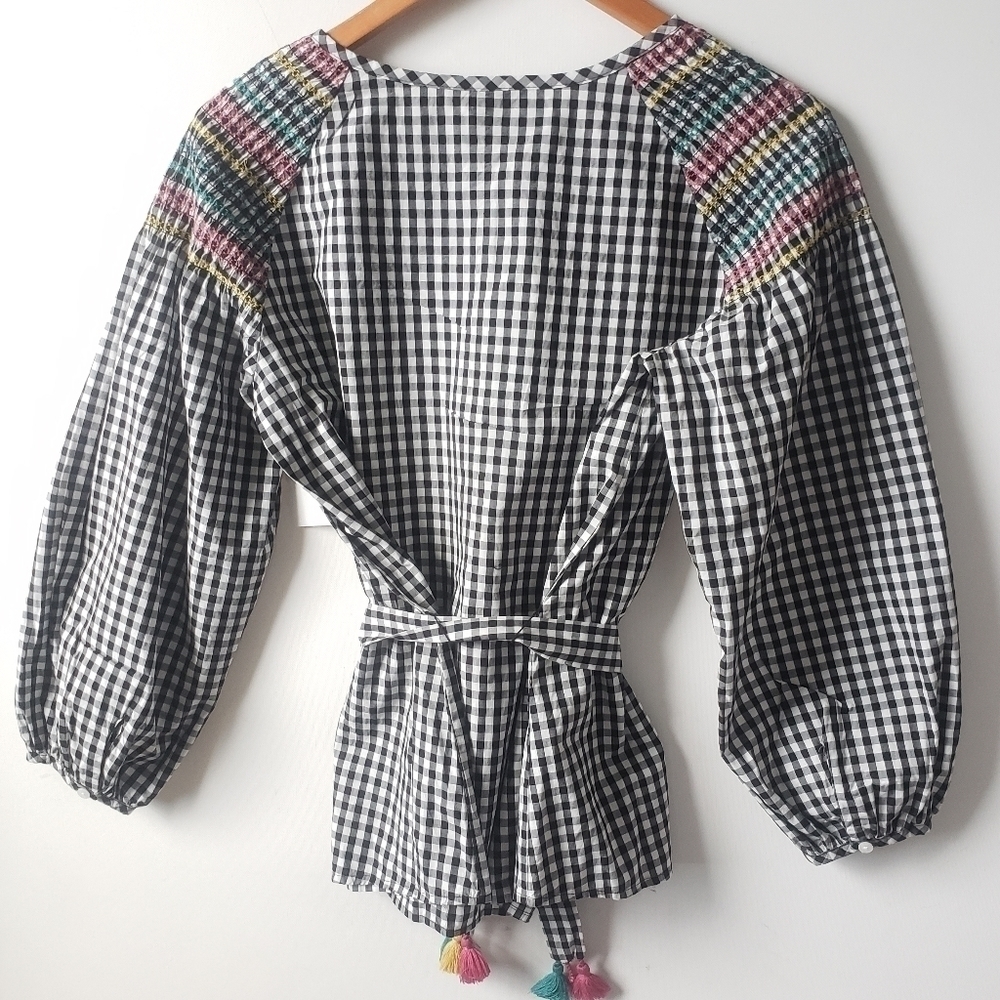 MADEWELL Gingham Smocked Blouse Tie Waist Top Blouse S! - Picture 6 of 7